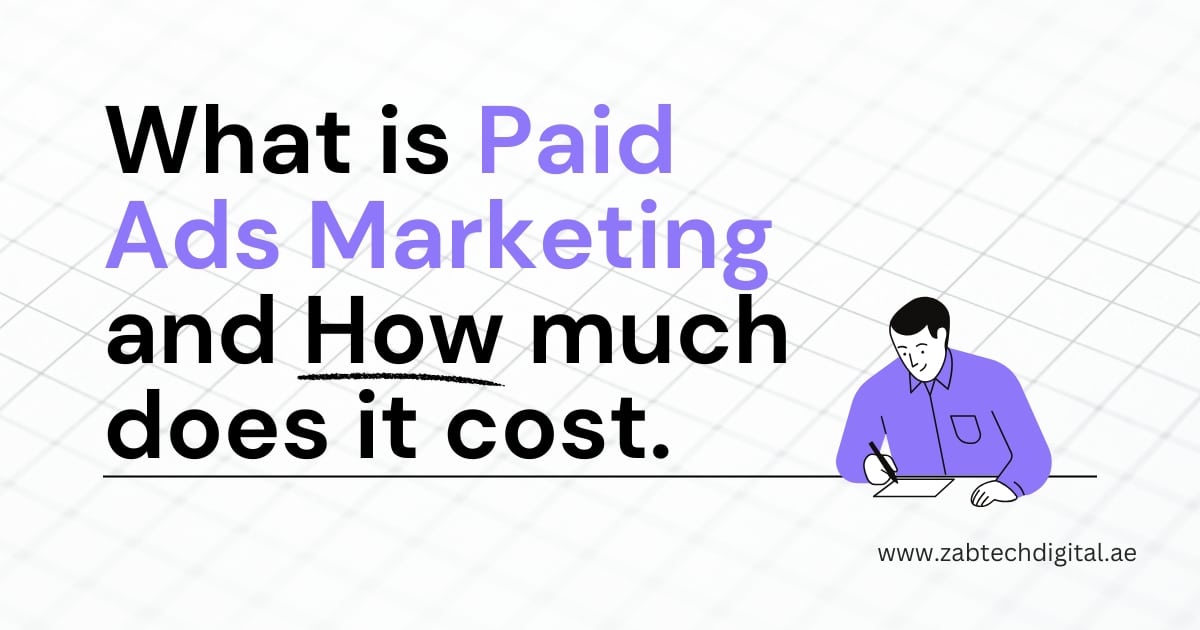 A minimal graphic showing a man writing at a desk with a grid background. Large text reads: "What is Paid Ads Marketing and How much does it cost." The website www.zabtechdigital.ae is visible at the bottom right.