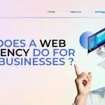 Excited man pointing upward with text asking 'What does a web dev agency do for small businesses?' next to a computer screen displaying a modern website interface – representing web development services for small business growth by ZabTech Digital.
