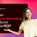 A woman in a yellow shirt holds a smartphone, posed as if taking a selfie, with a colorful gradient background and bold text about influencer marketing.